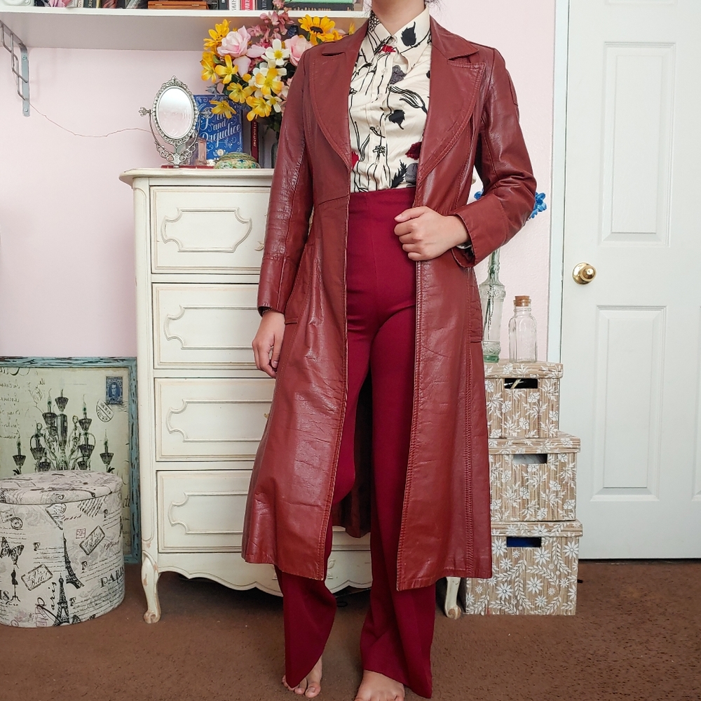 Vintage 70s Auburn Brown Leather Trench Coat